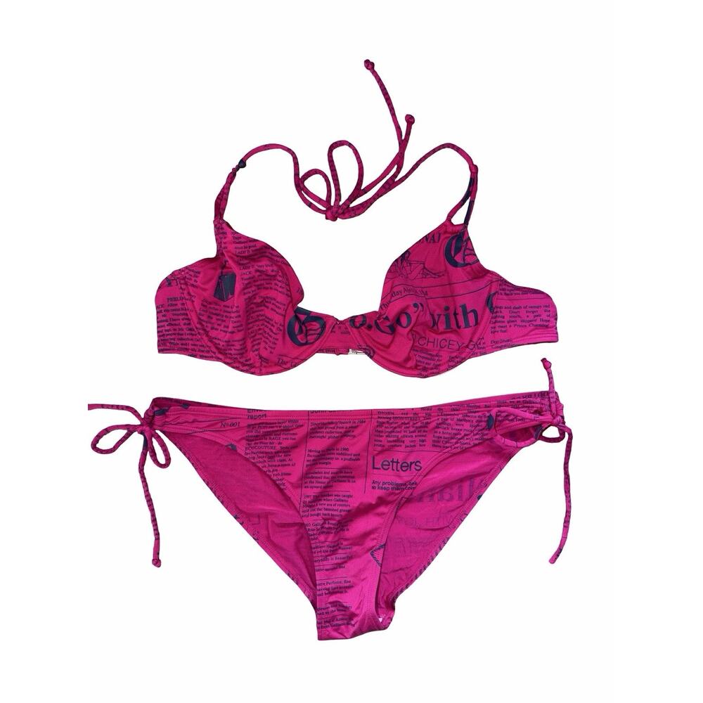 John Galliano Vintage Pink Newspaper Bikini Set With Bag IT44/ USA 34